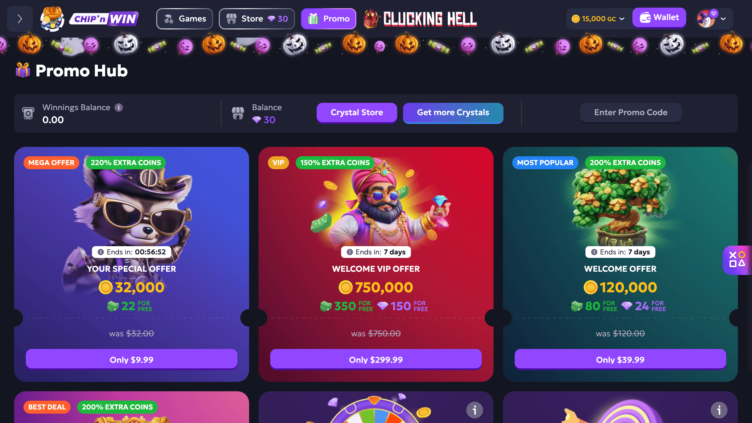 Promotions page showing Daily Bonus streak, Referral banner, and Crystal Wheel