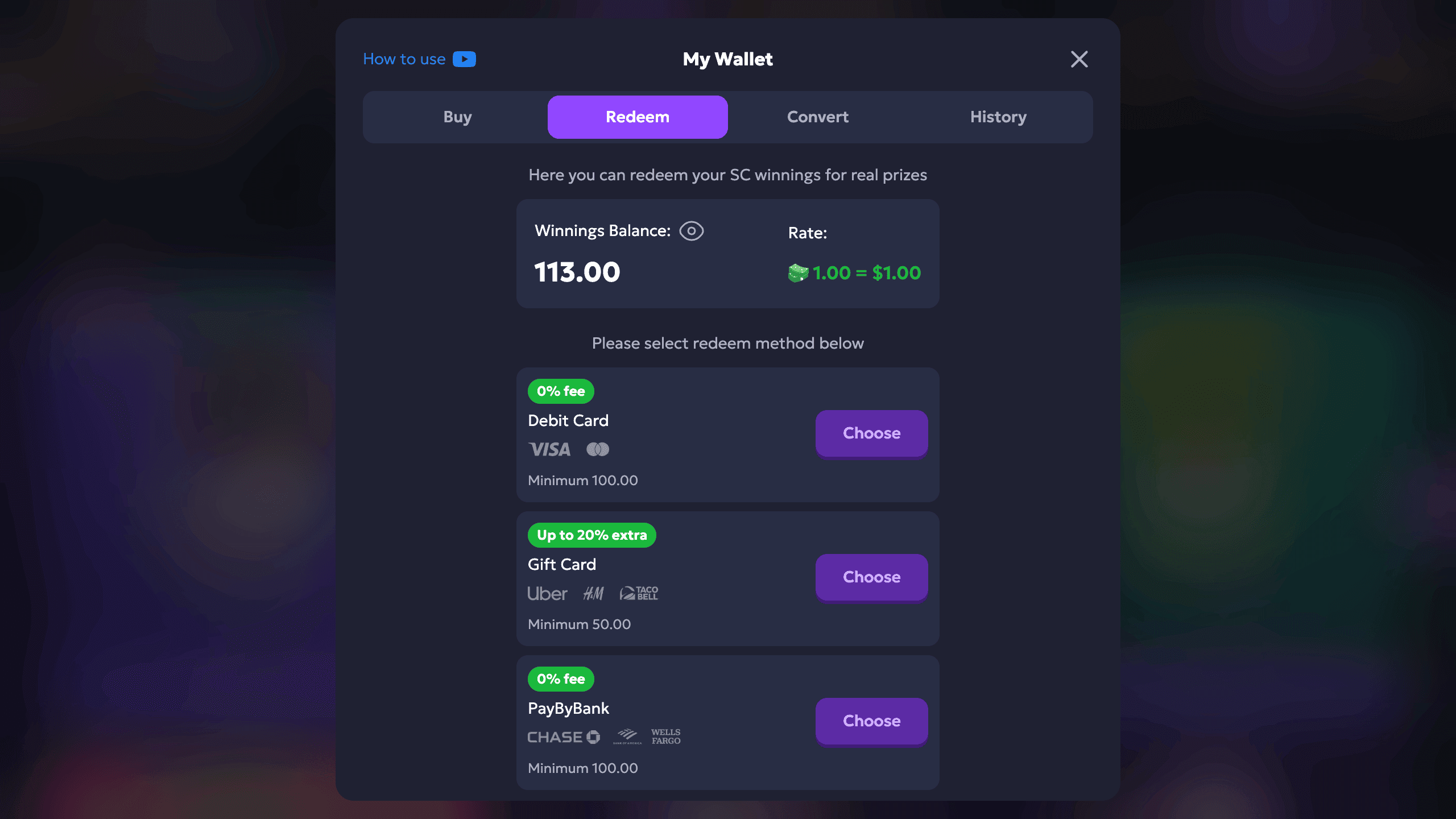 Withdrawal request screen with method choices and minimums