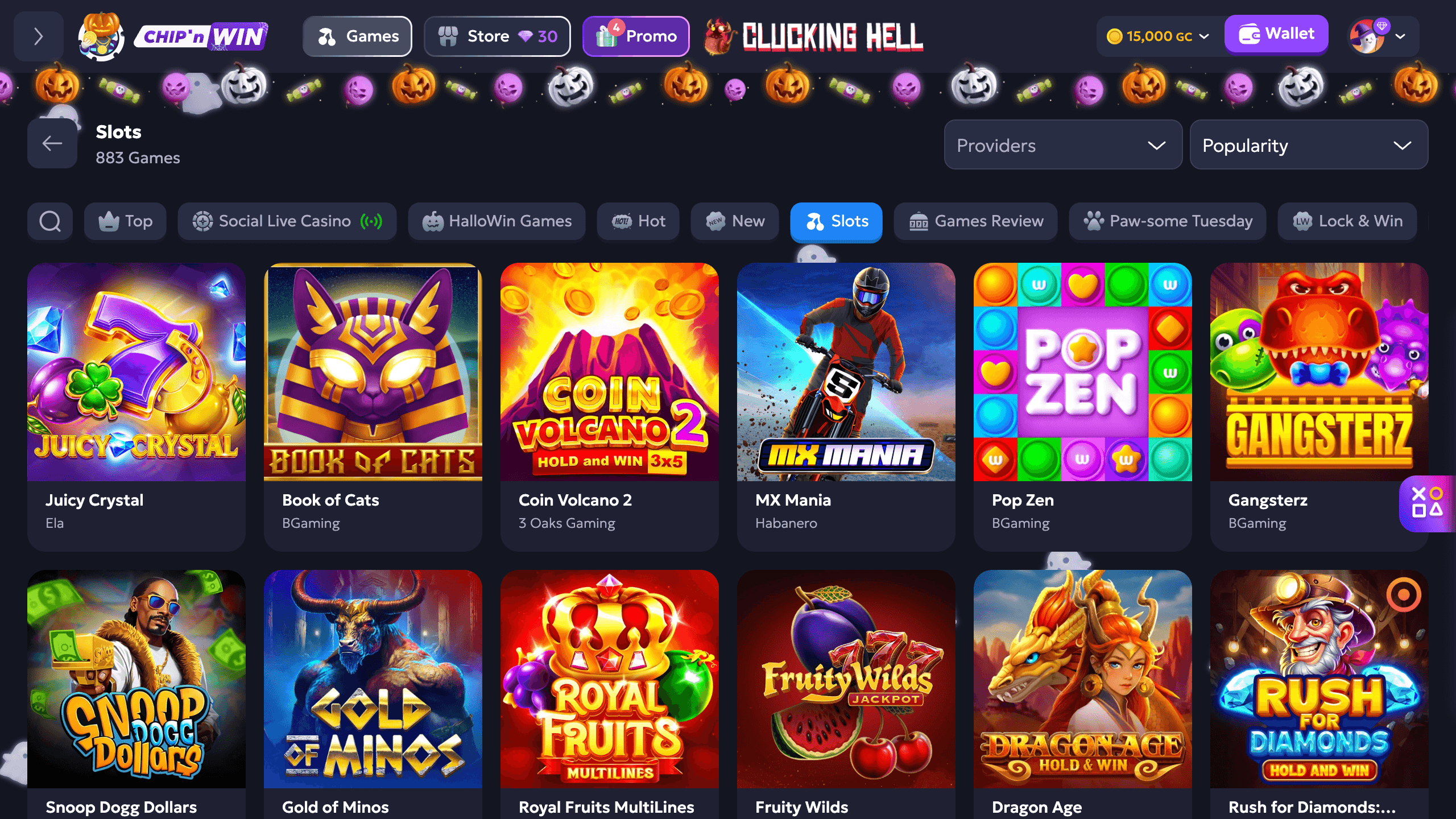 Slots library with provider filter and Play Feature toggle visible
