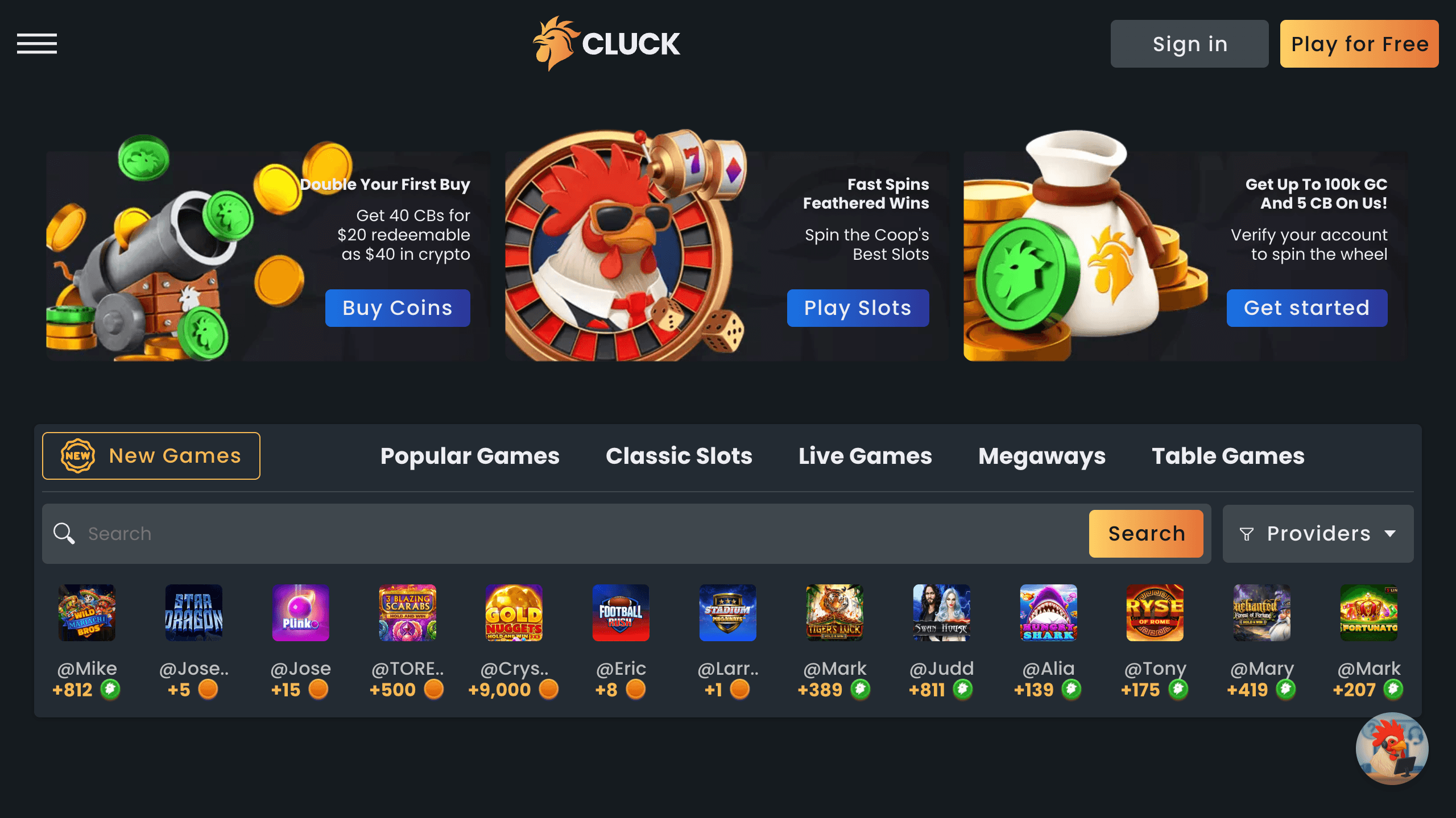 Main lobby showing featured games and categories