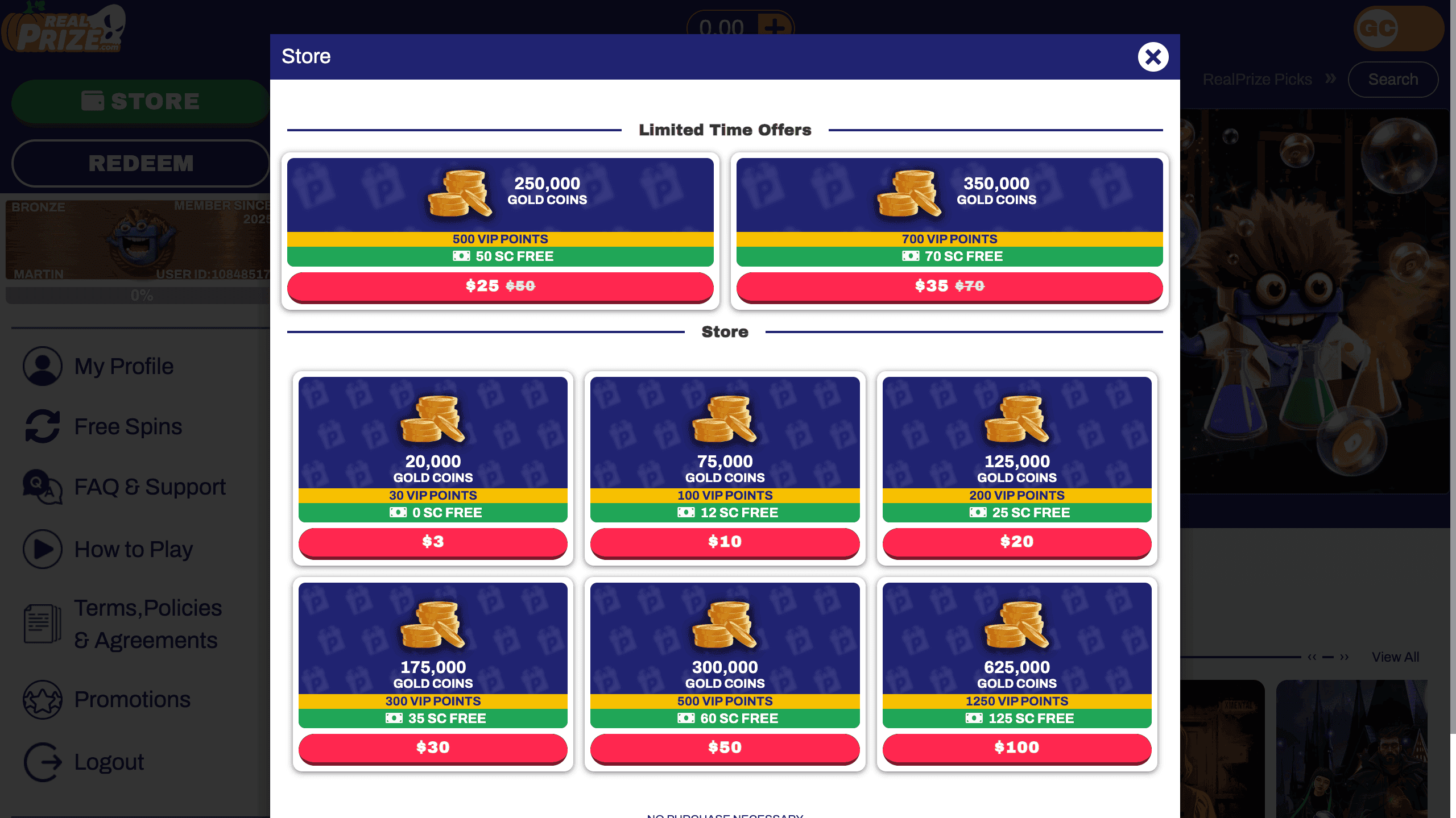 Store page showing $20, $50, and $100 bundles with SC amounts