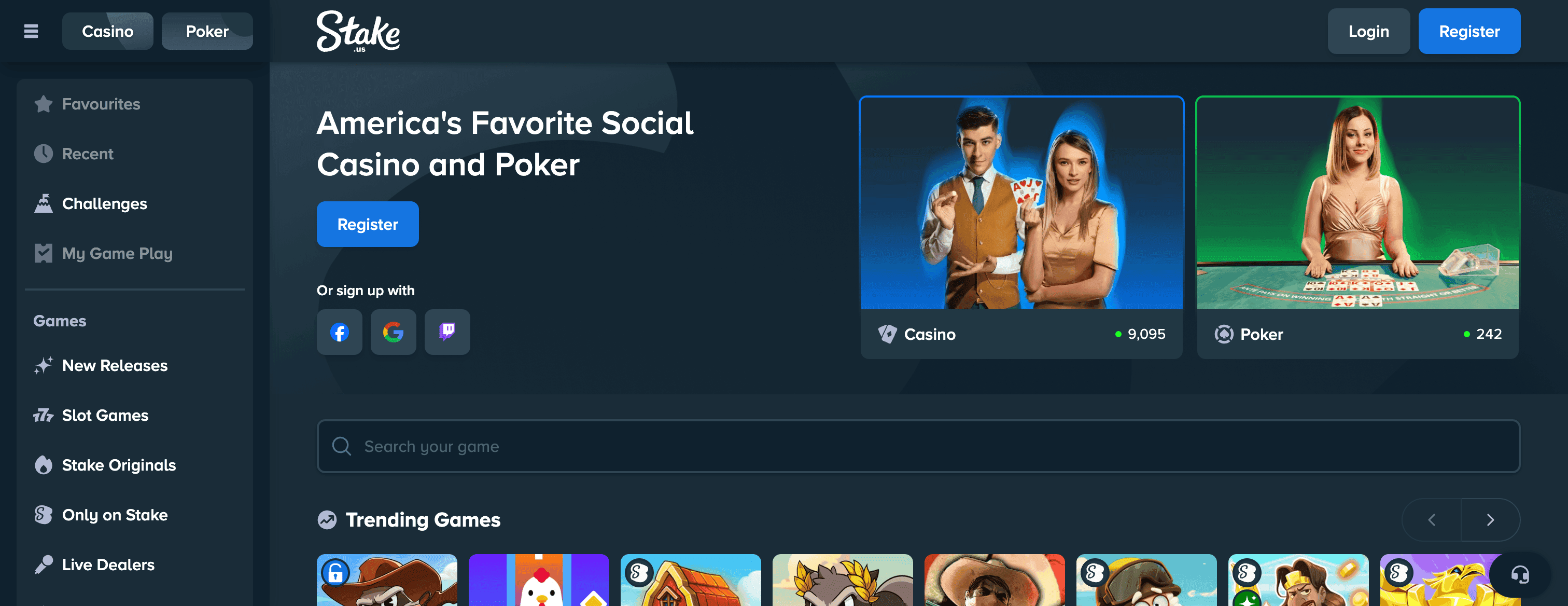 Main lobby showing the left sidebar with Slots, Live Dealer, Originals, and Promotions