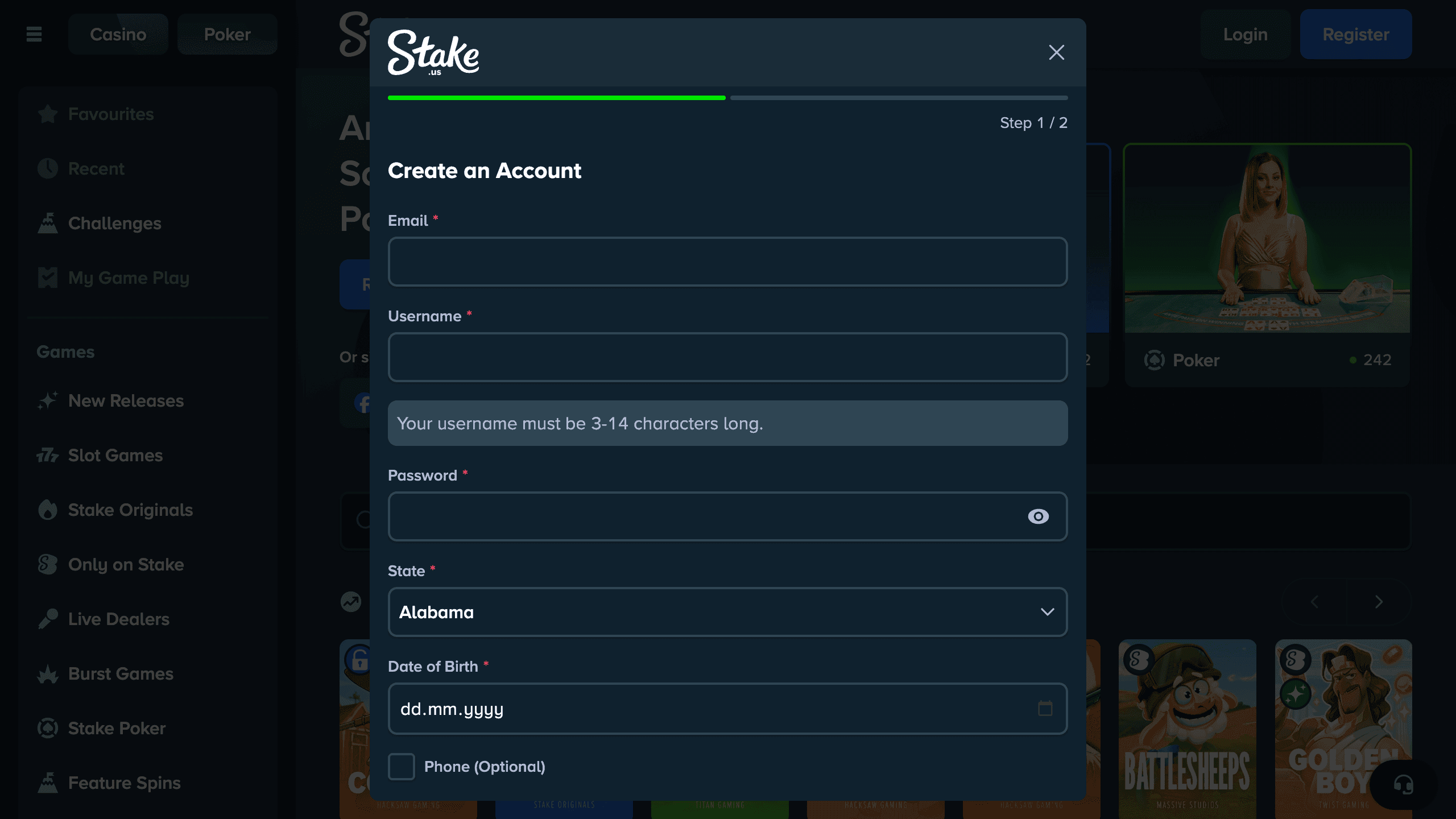 Registration form step with ID upload and address verification fields