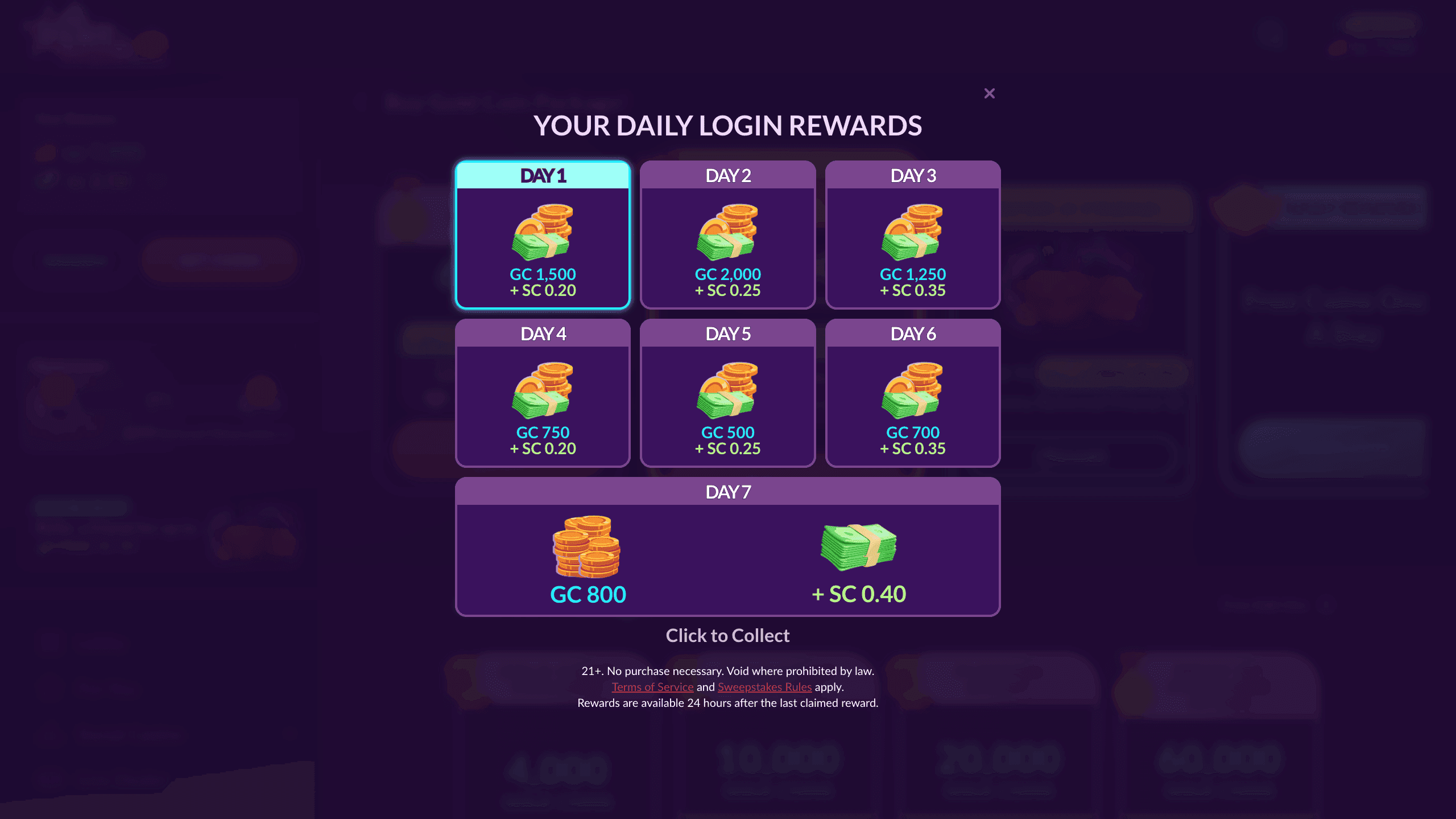 Daily reward interface with countdown to next claim