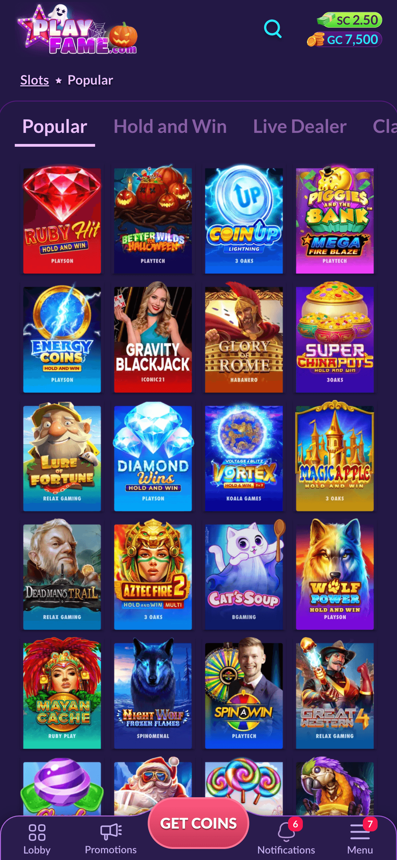 Mobile app game browser showing categories and balances