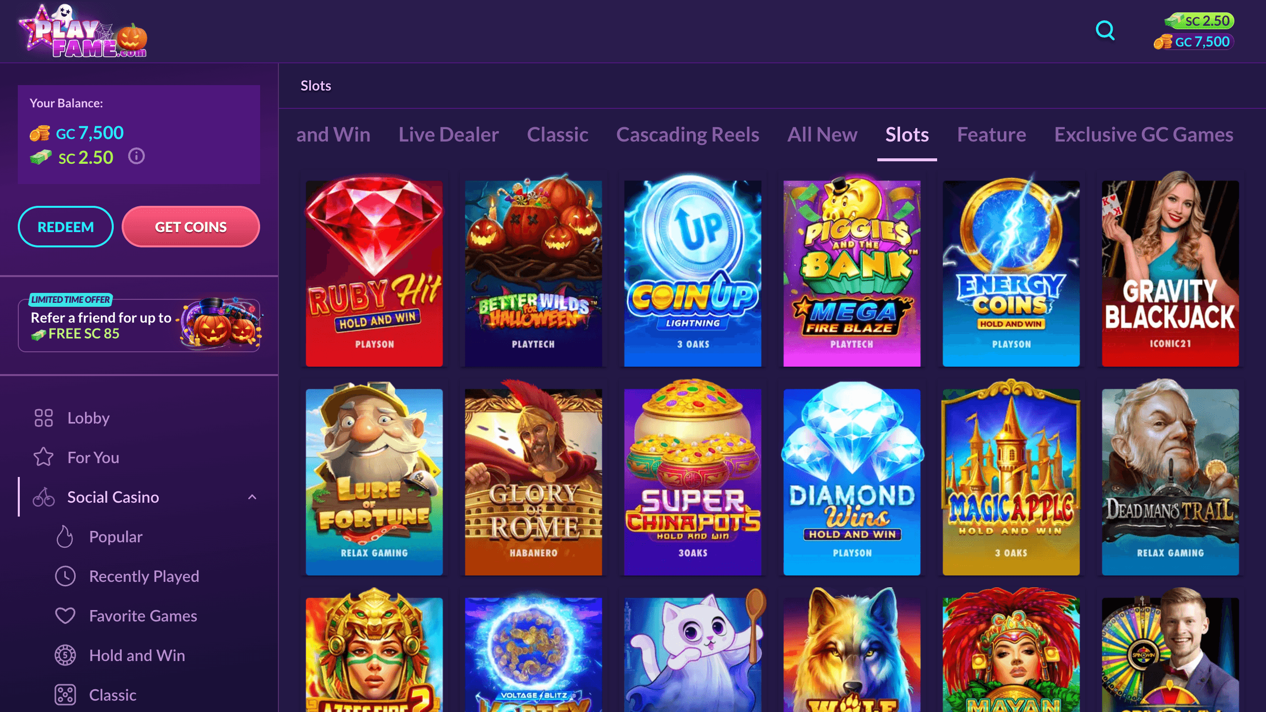 Slots library with filters for Provider, Feature, Volatility